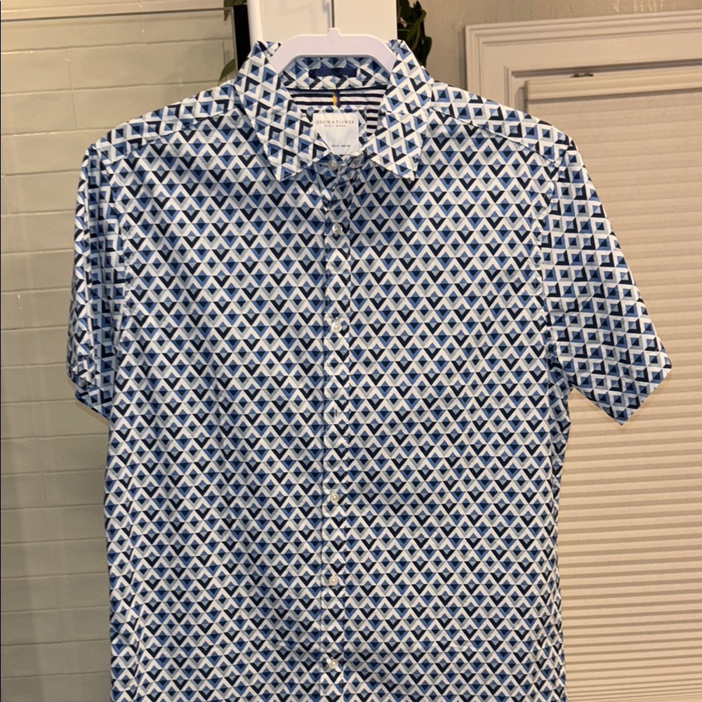 Men's Blue and White Geometric Button Down Shirt
